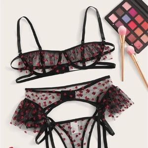 Heart Print Sheer Mesh Garter Lingerie Set